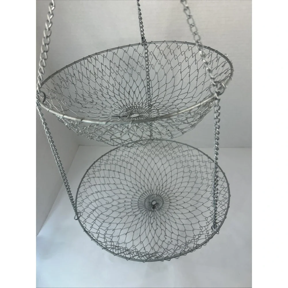 2-Tier Kitchen Hanging Fruit Basket Wire Hanging Collapsible Basket Read Vtg